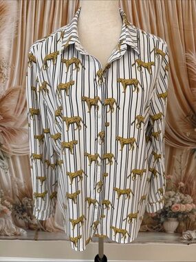 Jane and Delancey Button-Down Shirt with Black Stripes & Gold Cheetah Print